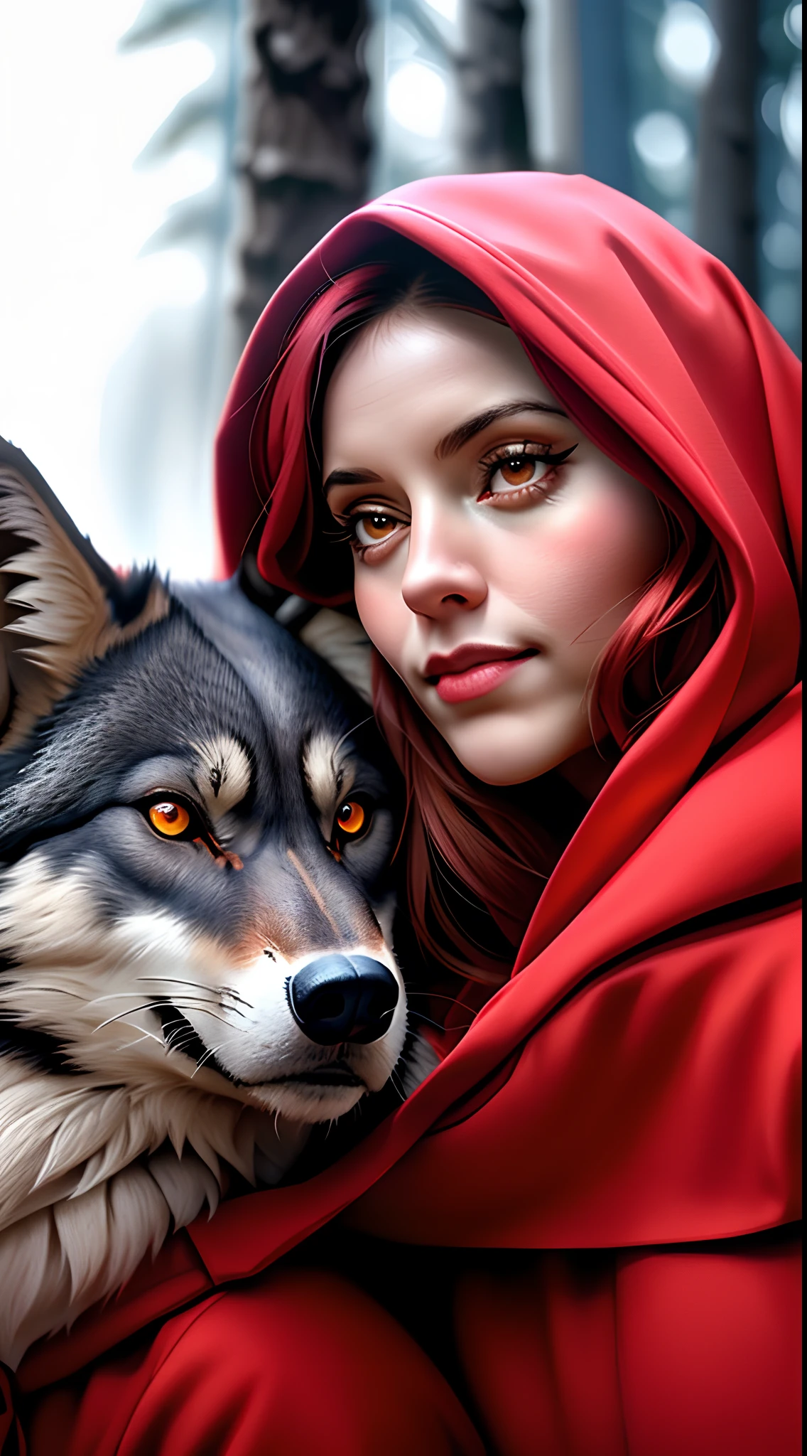 Woman in red hoodie with wolf in her arms - SeaArt AI