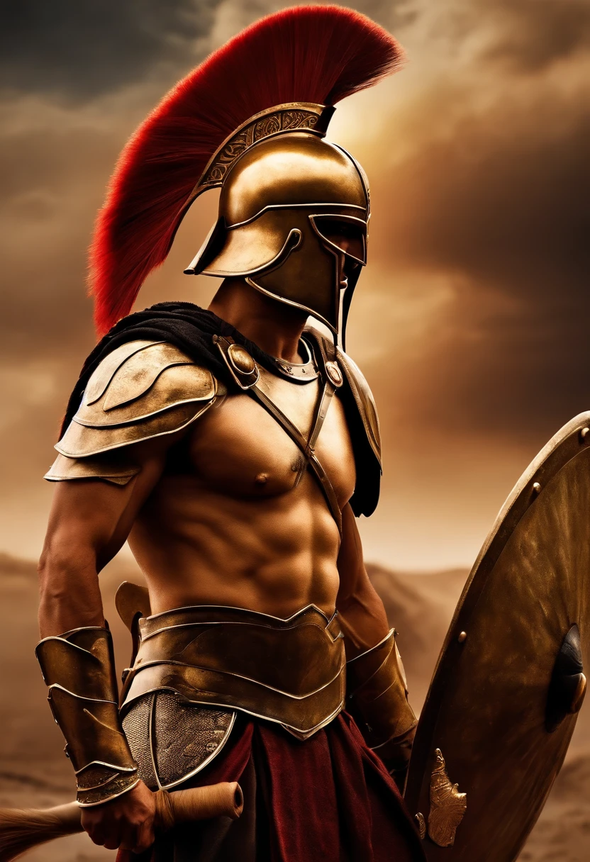 A close up of a man in a helmet and armor holding a shield SeaArt AI