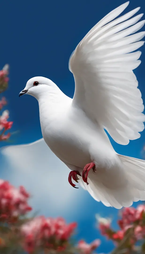 draw a white dove that is flying away in the blue sky