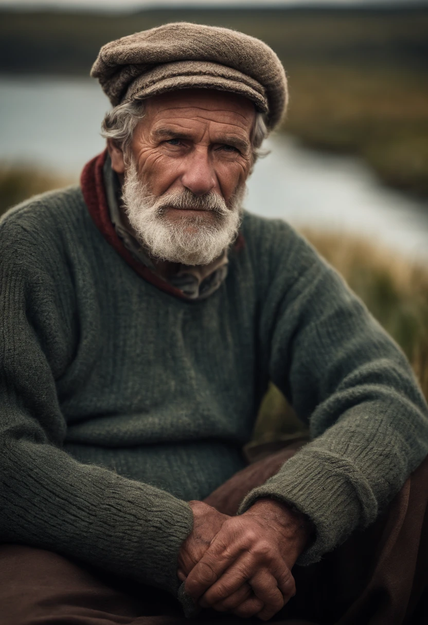 Award-winning portrait photo of an older grizzled medieval fisherman in a Serha sweater with wrinkles on his face, Rede de pesca, Barco, oceano, ondas, penhasco de montanha com ondas quebrando, tempestuoso, Esquerda, Ser, (background lighting: 1.3), Pintura digital, arte conceitual, liso, foco nítido, thirds rule, fantasia sombria, detalhes intrincados, Medium plan