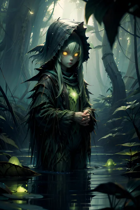 Swamp monster, kelp body, in murky water, deep dark forest, fireflies