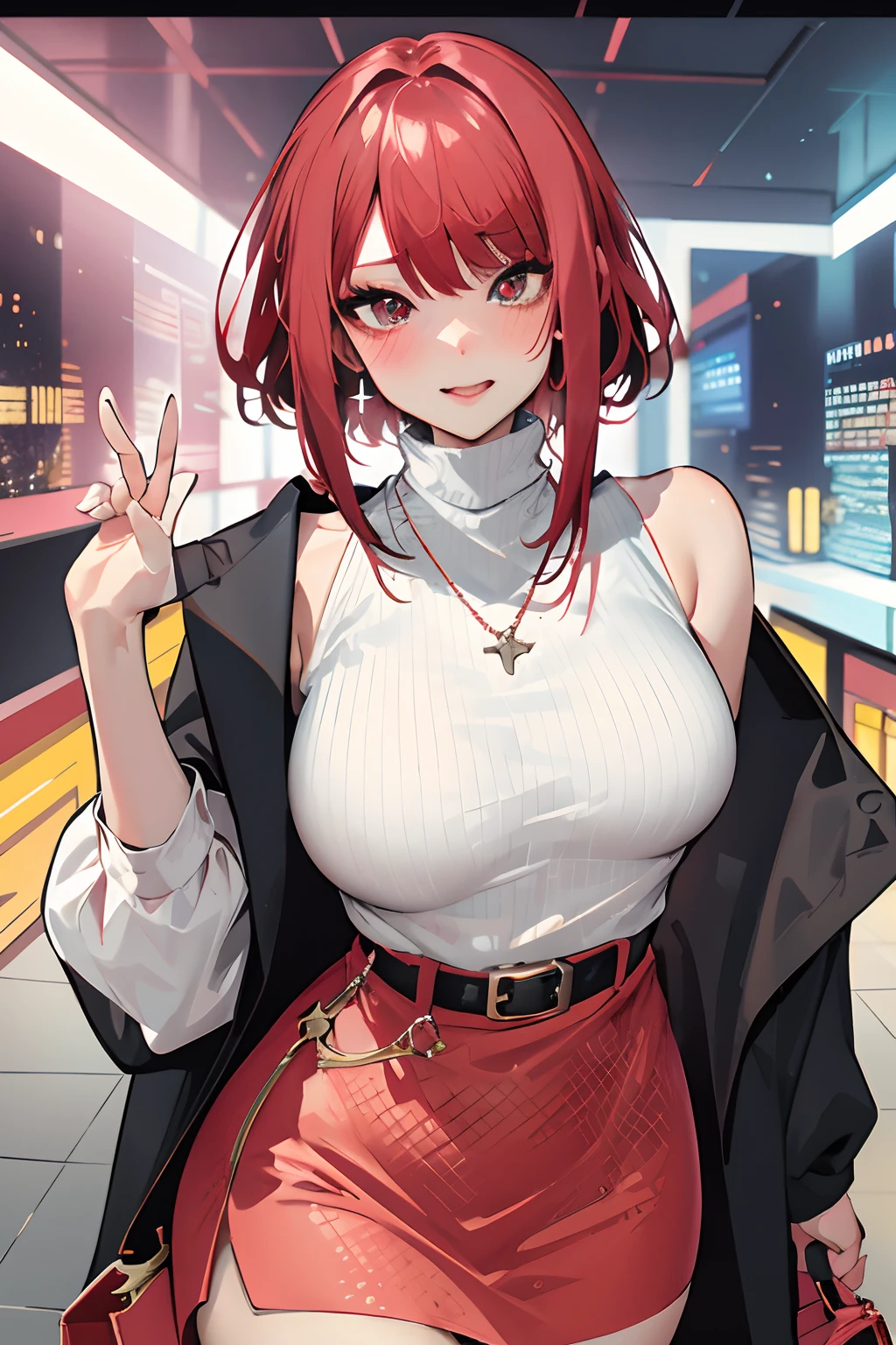 masutepiece, Best Quality, pixiv, Cowboy Shot, Red hair,
1girl in, breasts, blush, Sleeveless,Jewelry, Looking at Viewer, Skirt, Necklace, Solo, Bag, Sweaters, turtle neck, sleeveless turtleneck, Jacket, Sleeveless sweater, Long skirt, Medium Hair, Handbag、Confident rich woman standing in front of camera, Staring into the lens, Surrounded by a bustling recording scene with flashing lights, ,In the style of star art group Xing, 32K, Best Quality, masutepiece, Super Detail, high details,Girl in the video、Displayed on the monitor、(((pov))!