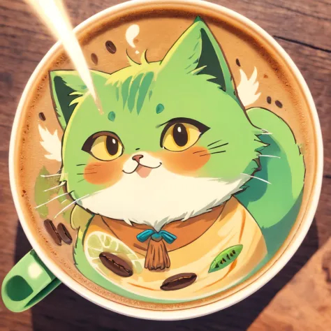 Coffee contains artistic coffee latte art, In the style of an ethereal figure, Orient - Inspiration, Avocado punk, sculptures, Kubisiato, Birds - Theme, Carrie Maywemis,Chibi,Gothloli cat