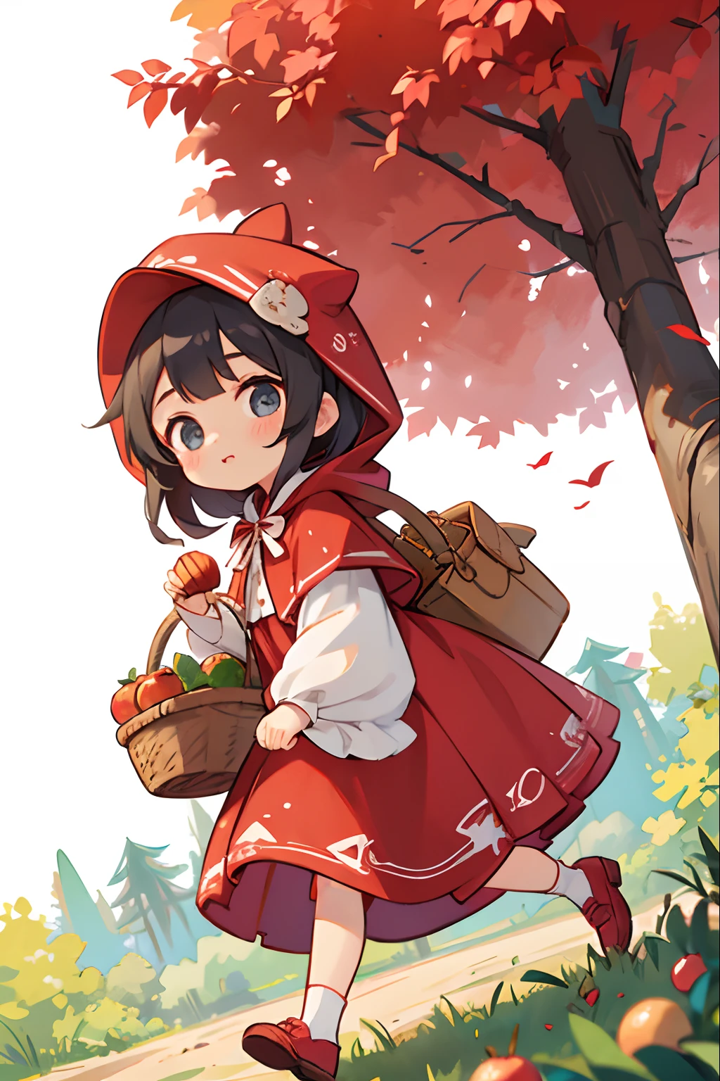 Girl dressed to go on an adventure、Dressed as Little Red Riding Hood、bustup、Walking while humming、Looks like a lot of fun、There is a basket with apple pie、Take low-angle shots