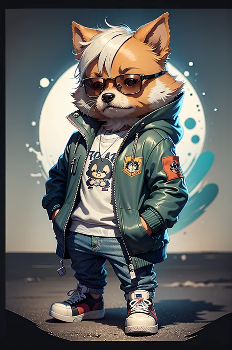 C4tt4stic, Cartoon Yorkshire Terrier in a jacket and skateboard, Sunglasses