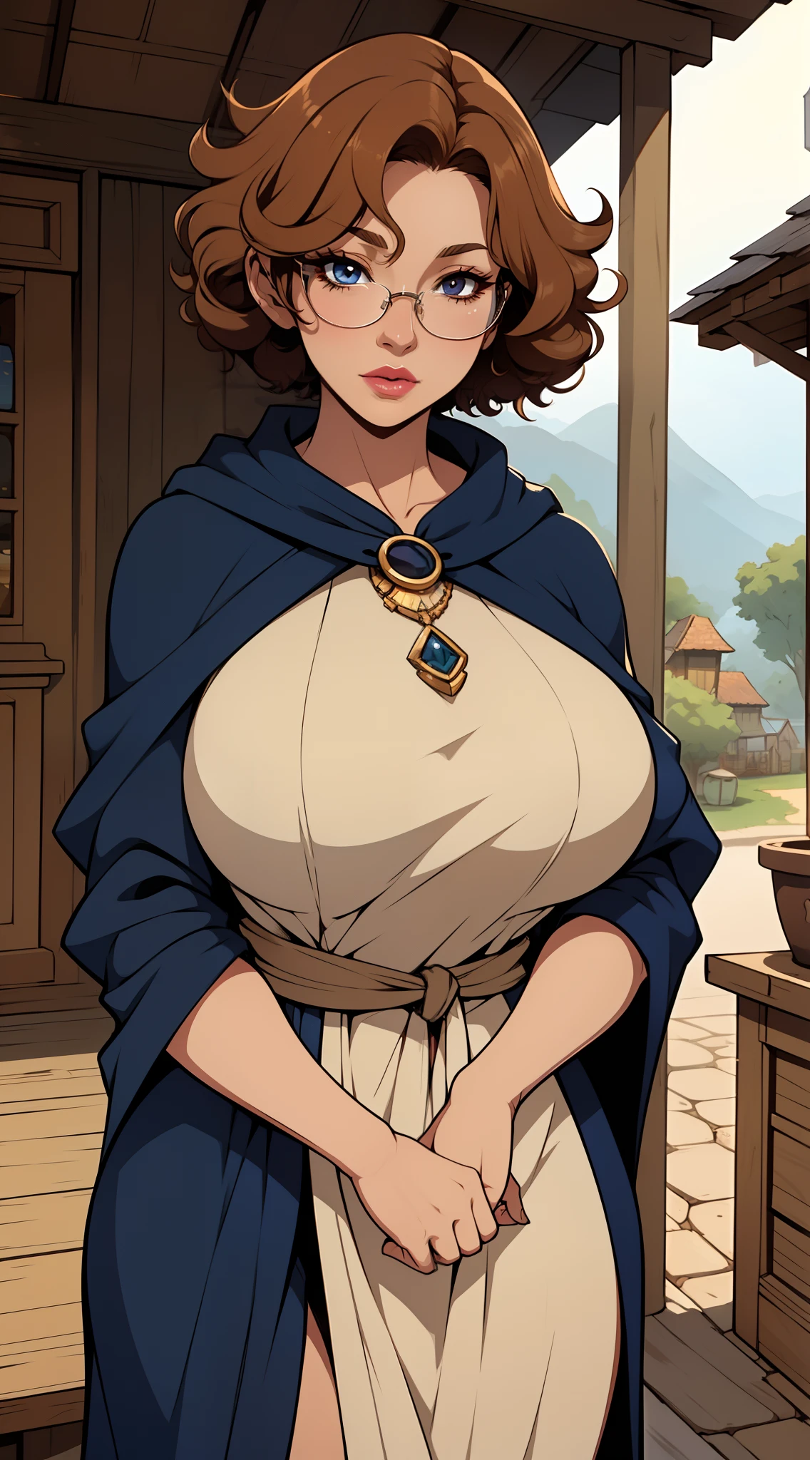 Solo, female, tan skin, curly hair, (((short hair))), light mahogany hair, lipstick, eyeliner, eyelashes, thick eyelashes, big breasts, linen tunic, (navy cloak), glasses, fantasy village, mature female