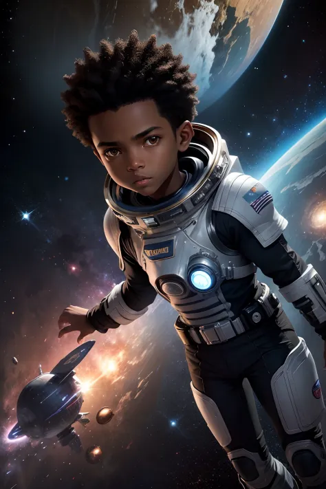 menino, 11 anos, negro, Space Captain, dentro de nave espacial