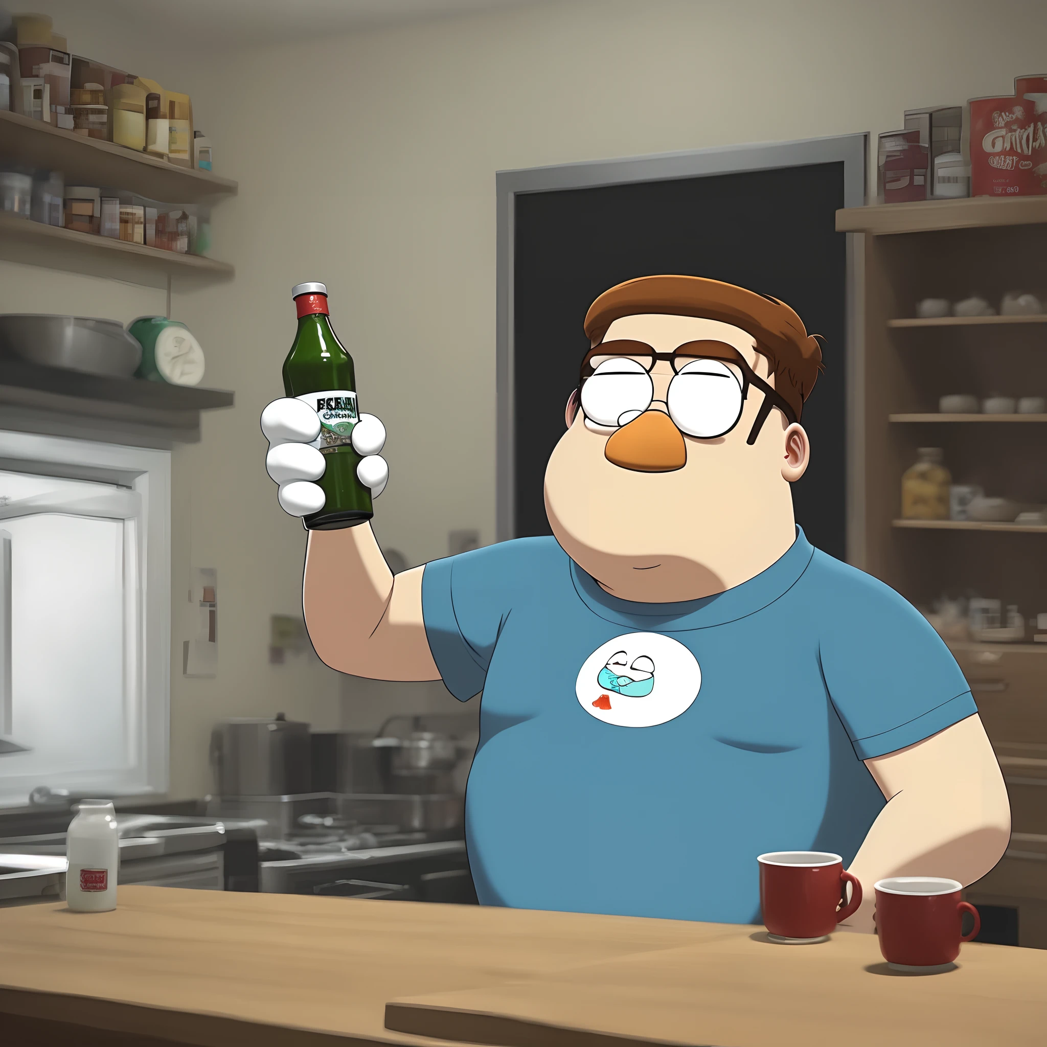 Cartoon of a man holding a beer bottle in a kitchen - SeaArt AI