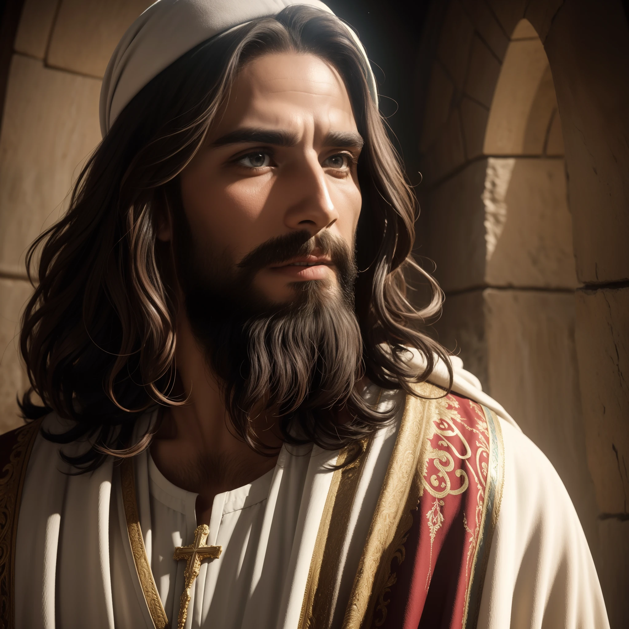 FAITH IN GOD, jesus Christ, Christ jesus, messiah, prayers to God, GOD, heavens, heavenly, realistic eye, detailedeyes, pious look, strong look, face detailed, normal mouth, detailed mouth, rendering, photorrealistic, ultra HD | | |, 4K, detailed textures, detailed colors, realistic shadows, detailed shadows, Christ, padoru, long tunic, Moving prayer, Large Beard, Jewish Beard, exciting prayer, Praying with emotion, peace of mind, forest in the mountains, palmtrees, naughty man, mascle, jesus, jesus, Messiah of Israel, Hebrew, detailed colors, detailed sharpness, ultra HD | |, lifelike textures, detailed contrast, 8k, without turban, without a hat, Decent robe, well-behaved clothes, hebrew, UltraHD 8K, High Quality, photorrealistic, fotorrealism, barba cor uniforme, nature, shirt covering well up to the neck, without showing chest, padoru, Behaved,