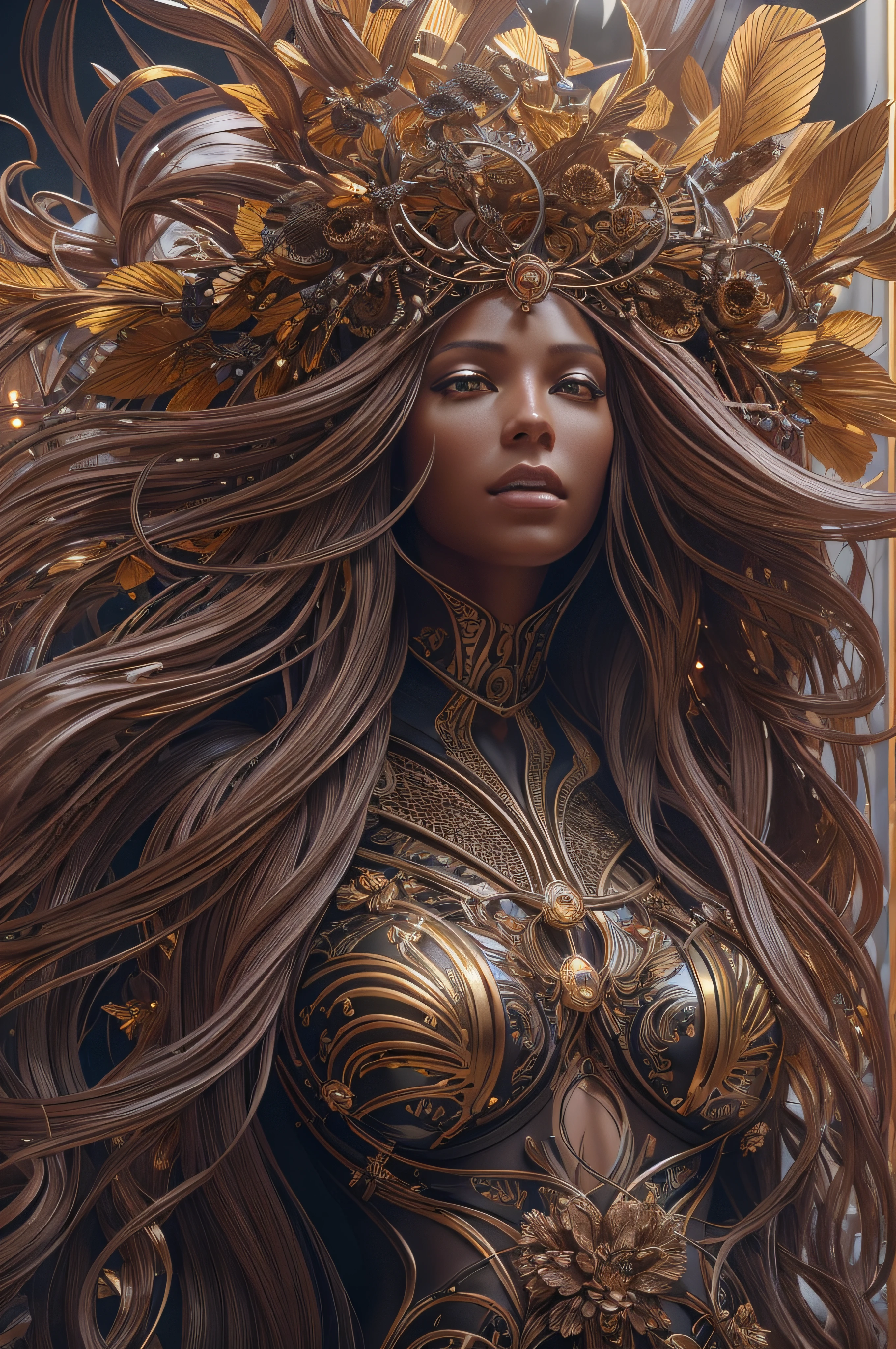 closeup portrait of flower queen of sentient parasitic flowing, light brown skin，beautiful，long hair blowing in the wind，hyper details, black metal style, Art by, caravaggio, greg rutkowski, giger, trending on artstation, beautifully lit, hyper detailed, elite, elegant, luxury, ray of light through smoke, trending on CGsociety, hypermaximalist, golden ratio, neofuture, volumetric, octane render, weta digital, micro details, 3d sculpture, Hand Outside Frame.