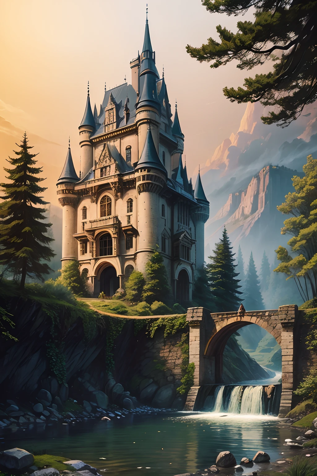 a castle of wood and stone between tall trees, far from the ground