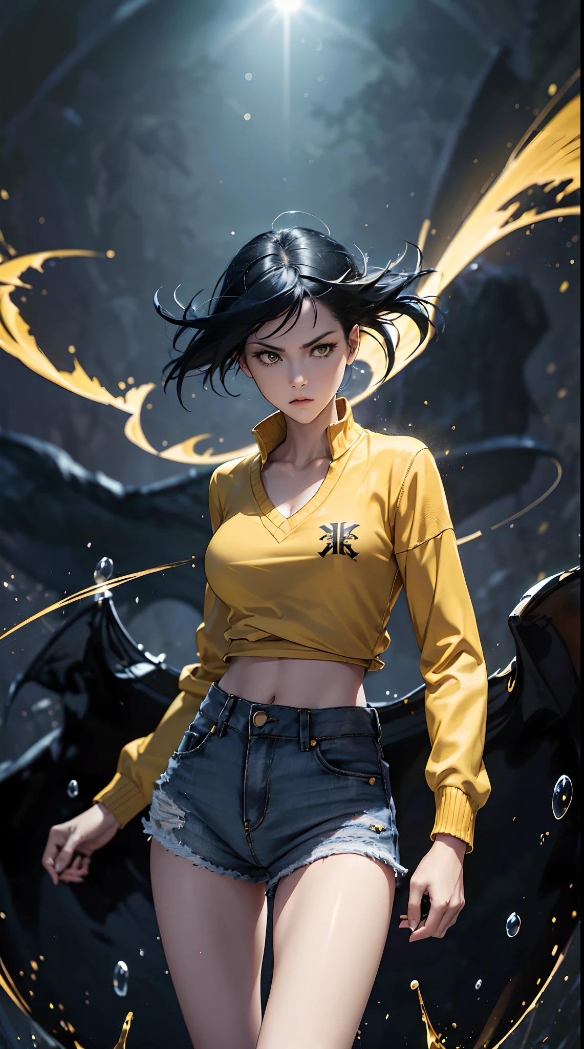 Woman, fight pose, Baddas stare,Hold a yellow violin with a yellow lightning emblem, yellow short wispy Pixie hair, yellow eyes, yellow short shirt, black hotpants jeans, black Jacket sweater ,In the middle of the shirt there is an omega symbol,HD lighting and dark )<=(epic image quality)dark atmosphere with bright particle light(many effects in background)