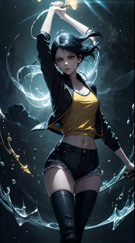 woman, fight pose, baddas stare,hold a yellow violin with a yellow lightning emblem, yellow short wispy pixie hair, yellow eyes,...