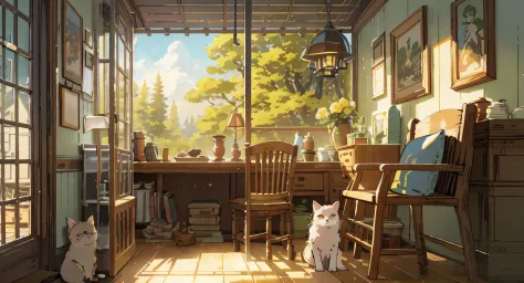 There was a cat sitting in the room，There was a table and chairs, Relaxing concept art, highly detailed scenario, cozy home background, Anime background art, cozy cafe background, the setting sun，apartament, Detailed scenery —width 672, interior background...