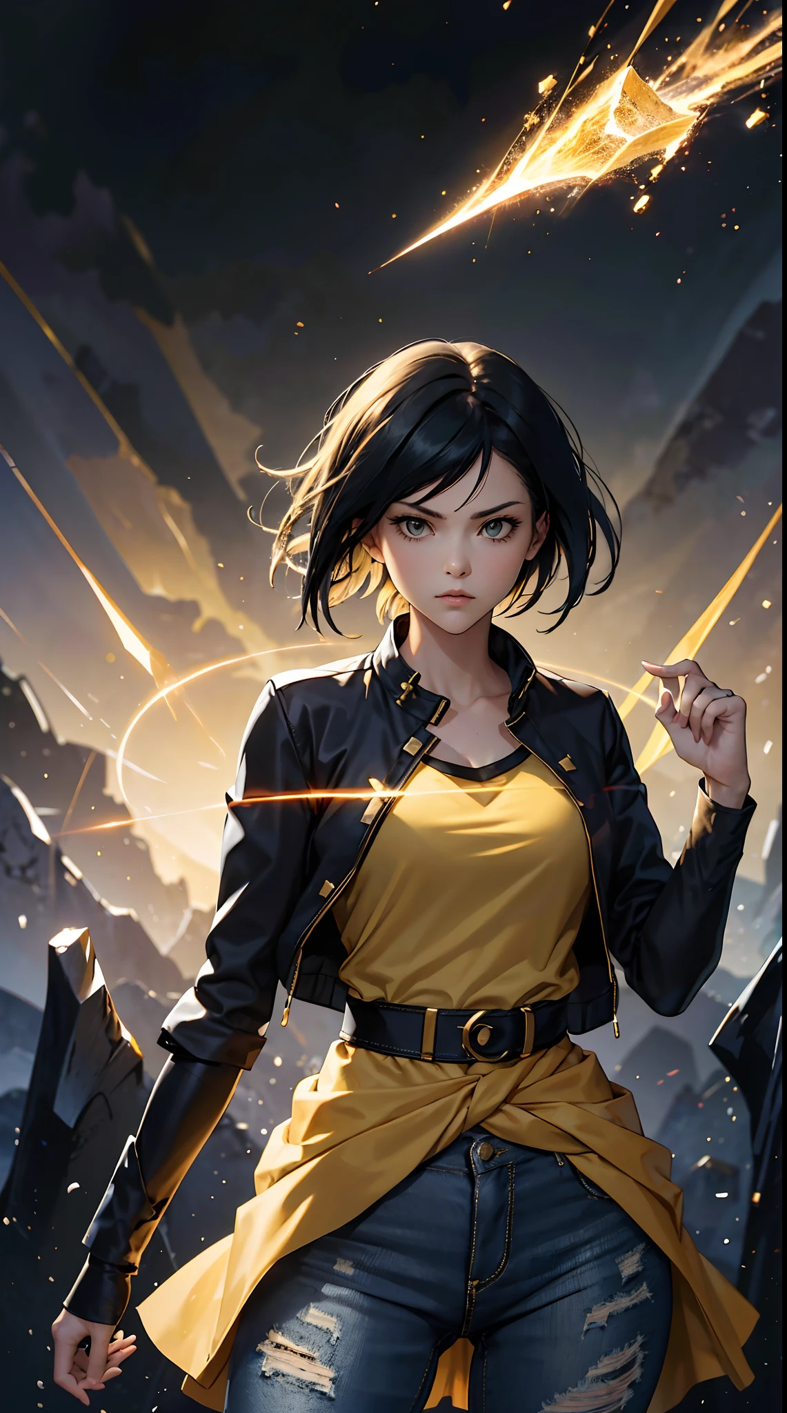 Woman, fight pose, Baddas stare,Hold a yellow sword with a yellow lightning emblem, yellow short wispy Pixie hair, yellow eyes, yellow short shirt, black hotpants jeans, black Jacket sweater ,In the middle of the shirt there is an omega symbol,HD lighting and dark )<=(epic image quality)dark atmosphere with bright particle light(many effects in background) red guitar.