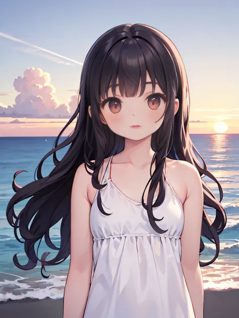 a portrait of a beautiful 12 years old, petite  latina woman, small_tits,  she has long (long curly hair:1.2) dark hair, 
background of the ocean, sunset, sun-kissed, sunflare,