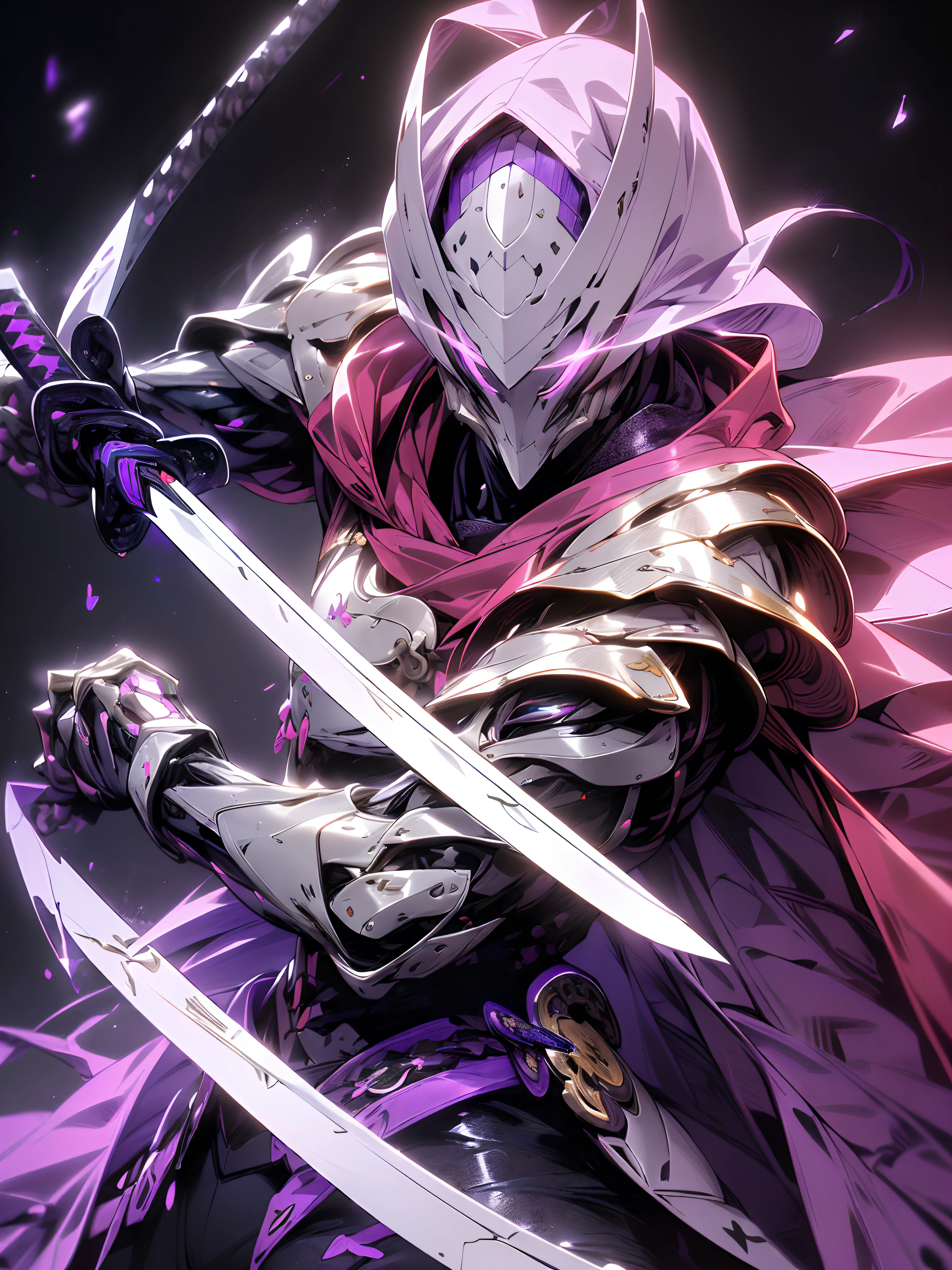 Super Realistic, Hyper Realistic, Super Detailed, (cybersamurai, 1boy, ((solo)), (holding purple sword) , (on guard stance) , wearing purple-red armor and mask, cape, glowing beautiful purple eyes, glow:1.3) (glowing simple black background:1.25),