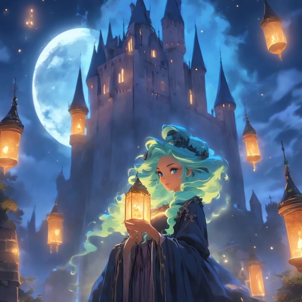 A woman in a blue dress holding a lantern in front of a castle - SeaArt AI