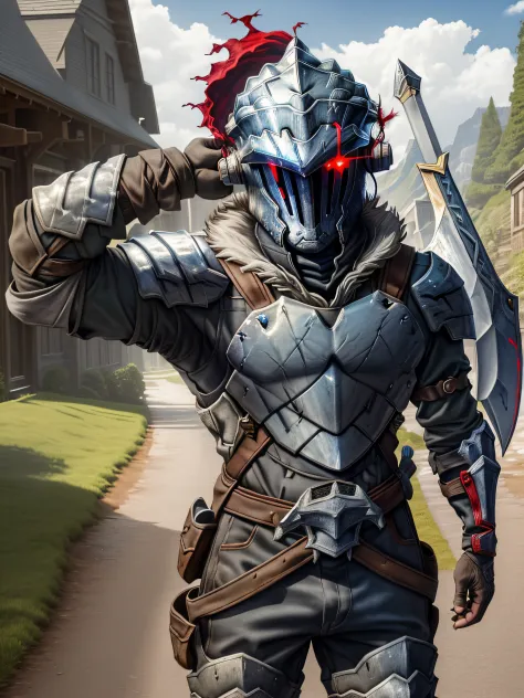 high quality, best quality, masterpiece, solo, 1boy, goblin slayer, armor, helmet, glowing eye, plume, fur collar, (greatsword:1.4), (arm behind head:1.3), looking at viewer, outdoors, path