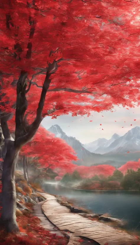 A few red leaves have a little white frost on them，Late autumn view，Beautiful views，Heaven and earth are pure，Autumn colors are clear，Everything was beautiful，Golden wind and water dew reflect dazzling light