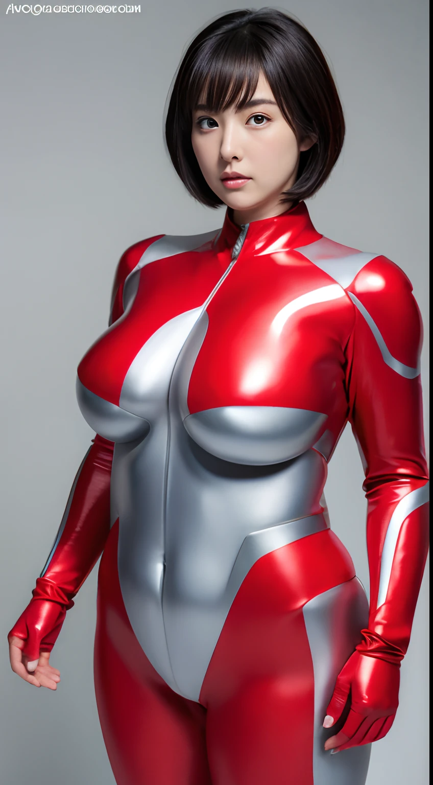 Ultraman、réaliste、réaliste、éclairage cinématographique, Femme en costume rouge et argent brillant、photographie professionnelle、N&#39;expose pas la peau, Modèles japonais, cgi japonais、Costume Ultraman、, Costume Power Rangers、Cyber-costume mince et serré,Tout le corps est caoutchouteux、rose là、 corps charnu, gros seins、gros culs、gros ventre、cuisse épaisse、bras épais、des deux côtés、 Visage rond、Visage gras、joues potelées、Commande de sauce、grand œil、Cheveux noirs aux cheveux courts、Face à l&#39;avant、Debout face à l&#39;avant、Une sphère lumineuse est incrustée dans la poitrine、Composition à la recherche、 Fond de ciel bleu