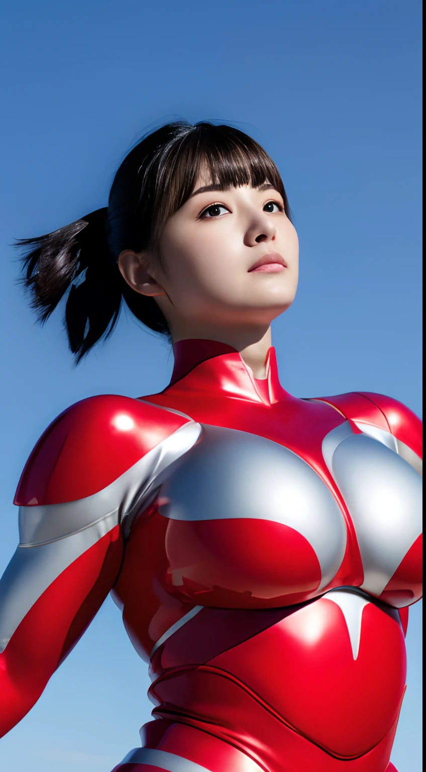 Ultraman、realistisch、realistisch、filmische Beleuchtung, Frau im glänzenden roten und silbernen Anzug、professionelle Fotografie、Legt die Haut nicht frei, Japanische Modelle, japanische cgi、Ultraman-Anzug、, Power Rangers Anzug、enger, dünner Cyber-Anzug,Der ganze Körper ist gummiartig、rosa da、 fleischiger Körper, große Titten、big butts、großer Bauch、dicke Strumpfhose、dicke Arme、beide Seiten、 Rundes Gesicht、fettes Gesicht、pummelige Wangen、Soßenbestellung、großes Auge、Kurzhaarige schwarze Haare、nach vorne gerichtet、Mit dem Gesicht nach vorne stehend、In der Brust ist eine leuchtende Kugel eingelassen、Komposition mit Blick nach oben、 blauer himmel hintergrund