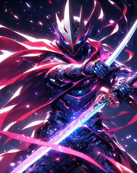 Super Realistic, Hyper Realistic, Super Detailed, (cybersamurai, 1boy, ((solo)), attacking with purple sword, wearing blue-red a...