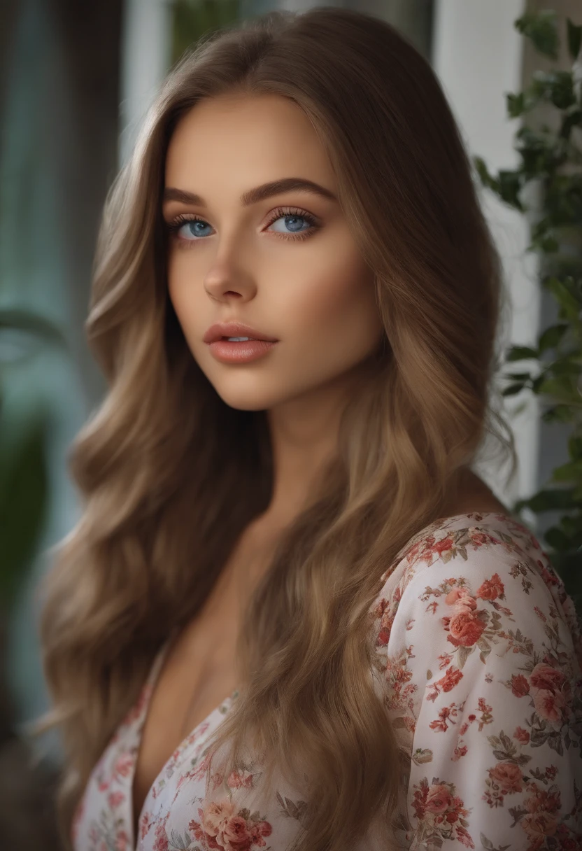 arafed woman fully , sexy girl with blue eyes, ultra realistic, meticulously detailed, portrait sophie mudd, blonde hair and large eyes, selfie of a young woman, bedroom eyes, violet myers, without makeup, natural makeup, looking directly at the camera, face with artgram, subtle makeup, stunning full body standing on a beach, wearing a floral print dress, large size bust,