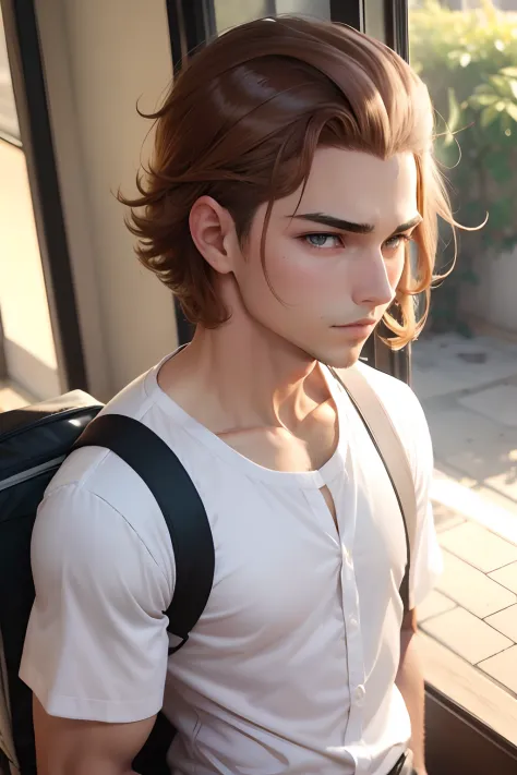 Homem com cabelo castanho curto penteado para o lado, vestindo uma roupa escolar, 18 anos, anime.