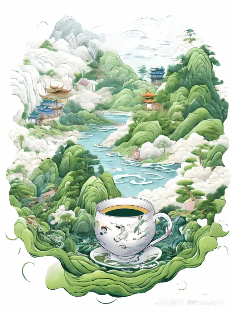A tea painting with a landscape as a background, Chinese painting style, Chinese style painting, Chinese watercolor style, Highly detailed illustration, dreamland of chinese, chinese brush pen illustration, inspired by Huang Tingjian, author：Qiu Ying, A be...