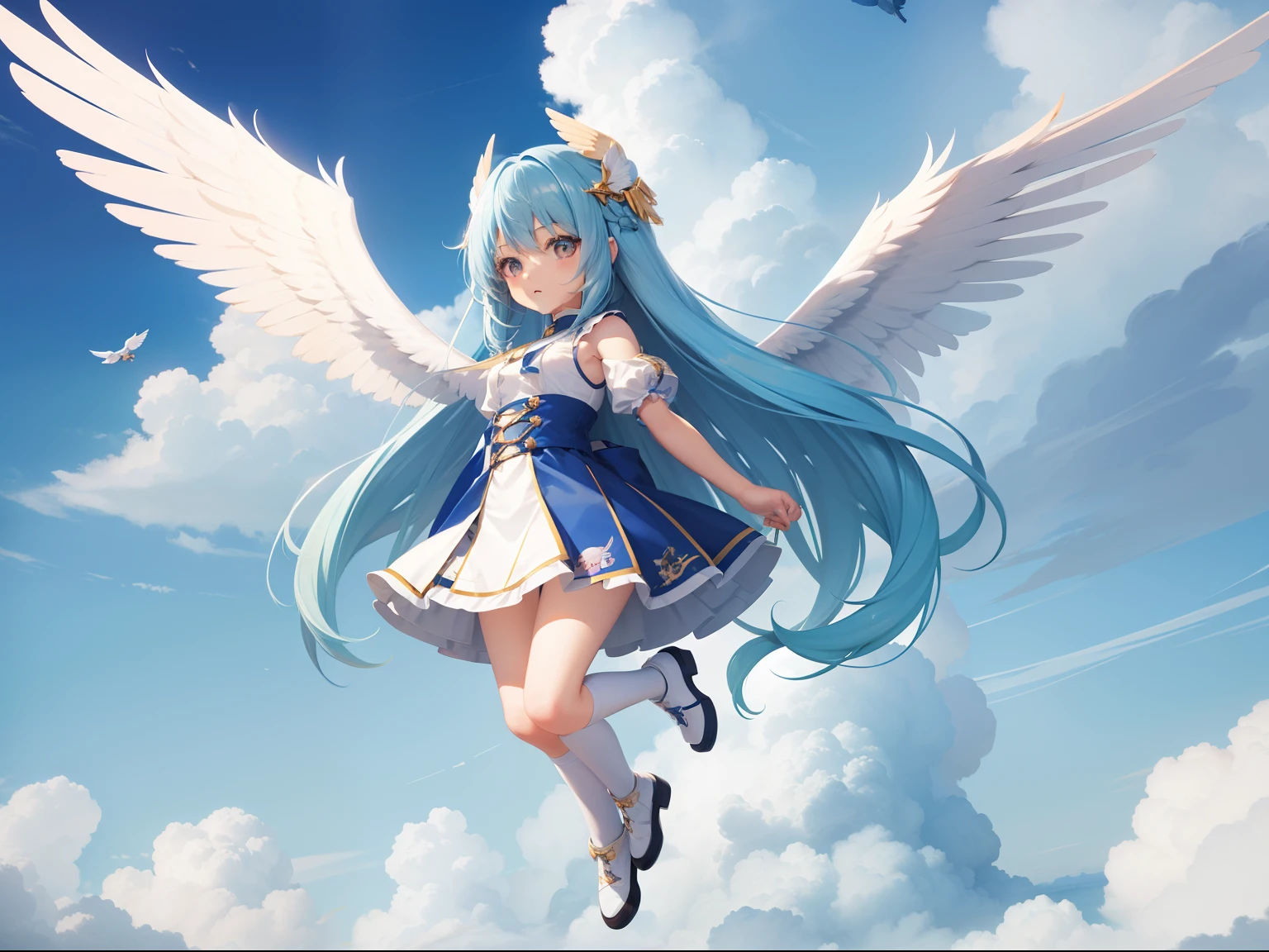 Chica anime con cabello azul volando en el cielo con alas blancas - SeaArt  AI