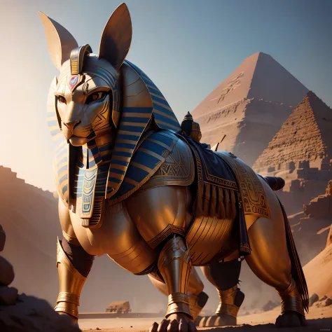 Egyptian sphinx in realistic 4K armor, full entire body,Super Detailed, Vray Display, Unrealistic engine, Midjourney Art Style.