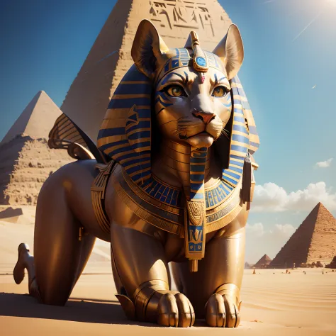 Egyptian Sphinx, realistic 4K pyramid, full entire body,Super Detailed, Vray Display, Unrealistic engine, Midjourney Art Style.