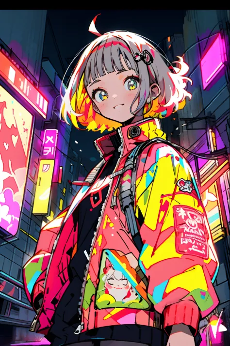 masterpiece, best quality, 1girl, city pop, night, neon light, looking at another, upper body, vector illustration, jacket, ligh...