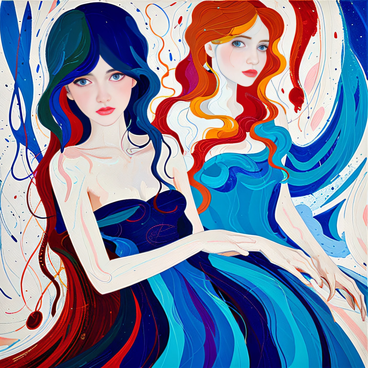 (melhor qualidade,realista:1.37), pintura de uma menina emocional, cena de fantasia extravagante nevada, cores vibrantes do branco, Carmesim, e mini vestido azul royal, formas abstratas e linhas pinceladas traçadas, arte do cartaz, atmosfera emocional. Impressionante óleo sobre tela, Belas pinturas, monocromático. Pintura a óleo de Malcolm Liepke, Pintura Impressionista. fundo art déco