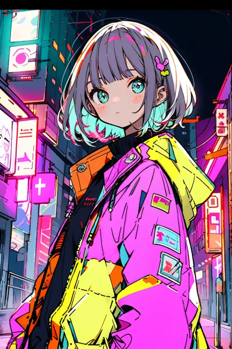 ​masterpiece, top-quality, 1girl, city pop, natta, look at another one, the upper part of the body, vector illustrations, jaket,...