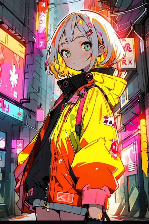 ​masterpiece, top-quality, 1girl, City Pop, natta, neon light, Look at another one, The upper part of the body, vector illustrat...