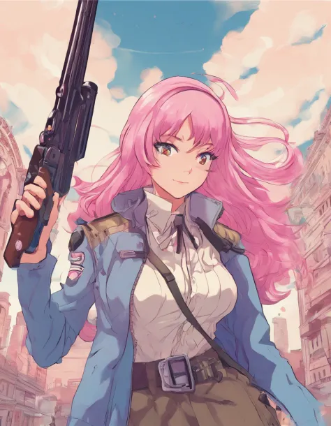 sara valestein, trails of cold steel, anime, long pink hair in a ponytail with bangs, 30 year old woman, teacher, wearing beige jacket over blue skirt, cleavage, happy drunk, resistance fighter WW2, ruined city, holding long red sword and pistol, battlefie...