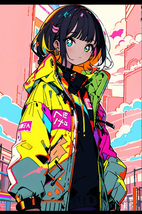 ​masterpiece, top-quality, 1girl, City Pop, natta, Look at another one, The upper part of the body, vector illustrations, jaket,...