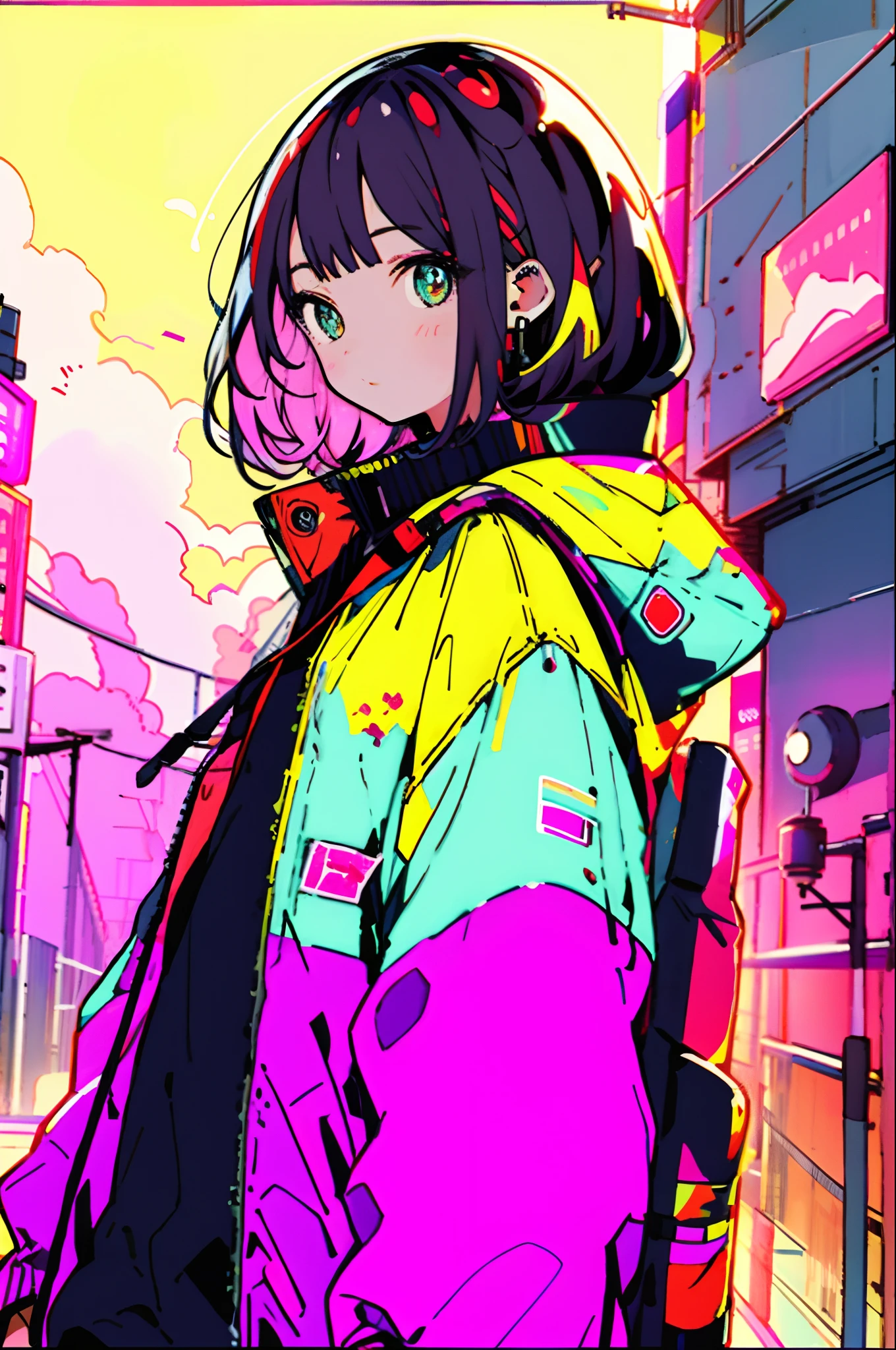 ​masterpiece, top-quality, 1girl, City Pop, natta, Look at another one, The upper part of the body, vector illustrations, jaket, Light smile, bluntbangs, length hair, lofi art,