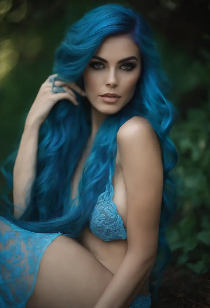 A close up of a woman with blue hair and a blue bra - SeaArt AI