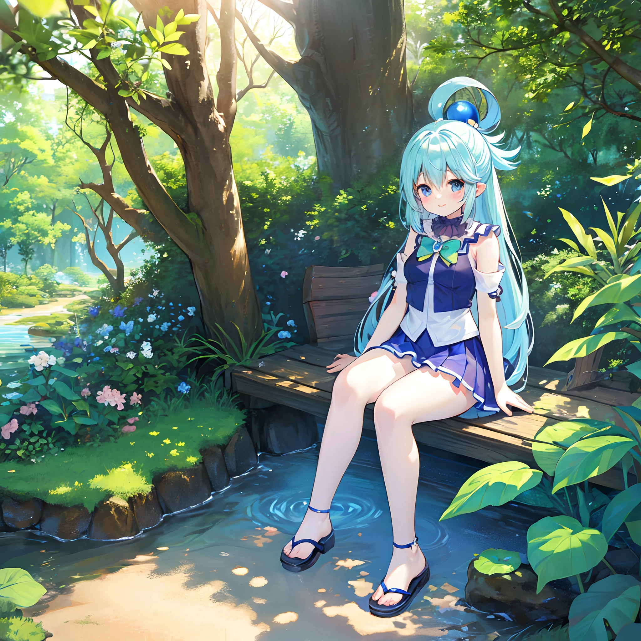 aqua, sakura, forst, trunk, lake, glad, blue hairs, natta, elf ears, Blue eyes