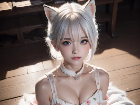 Two Miss Fox Demons，T-shirt wraps around your neck，High collar、High collar、High collar、High collar、High collar、High collar、Fox Devil Fox Years White Hair Girl，You can overlook the night view of Chang'an，Sexy and feminine，sit pose，Fluffy fox ears，fox tails，...