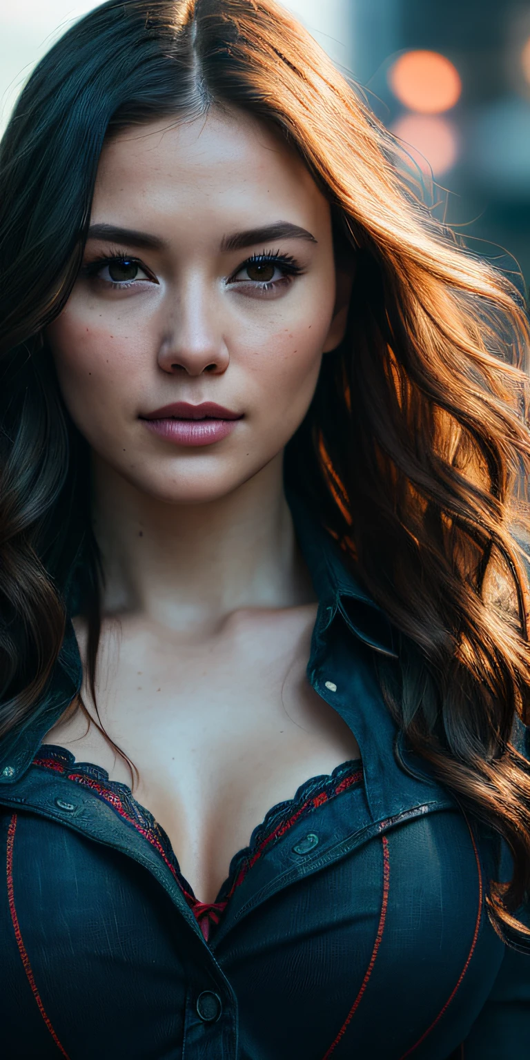 Full face portrait photo of 25 year old European girl, RAW, beautiful woman, semi-open strawberry lip, dimples, wistful expression, (brown hair with extra long wavy), ((detailed face)), ((detailed facial features)), (fine detailed skin), pale skin, cyberpunk megacity environment, (cool color), moist, damp, reflection, (masterpieceShot with Canon EOS R5 (detail) (Realistic photos) (Detailed details) 50mm lens, f/2.8, HDR, (8k) (wallpaper) (cinematic lighting) (dramatic lighting) (sharp focus) (complex), RAW photography, RAW photography, gigachad photography, camera pose, black jeans, back arm, 8k uhd, dslr, high quality, Grain Film, Fujifilm XT3, Film Stock Photo 4 Kodak Portra 400 Camera F1.6 Lens Rich colors Ultra-realistic textures Dramatic lighting Unreal Engine Art Station Trends Cinestill 800 Tungsten, Toughboy Style, Ultra Focus Face, Intimidating, Fighting Position, Short Messy Hair, Muscles, Bursting Veins, Beads, (( Lingerie set with dark blue embroidery)), ((dark blue camisole thin)),
