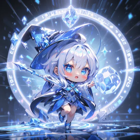 (Sapphire Masterpiece 1.3), (Best Quality), (ultra-detailliert), (girl with), (Solo), (Cool), Full body, (Hold the mage's wand:1.10), Skirt, shoes, Ahoge, (White Witch Robe:1.4), (White Witch Hat), (Dynamic Pose:1.6), (((Chibi Character))), (((Deformed))),...
