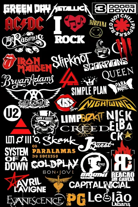 A black and white poster with many different logos, rock, adesivo de uma banda de rock, cartaz punk rock, papel de parede do telefone, logotipos de metal preto, estilo de arte pop punk, Lineup de 3 bandas, preto!!!!! Background Story, papel de parede", fun...