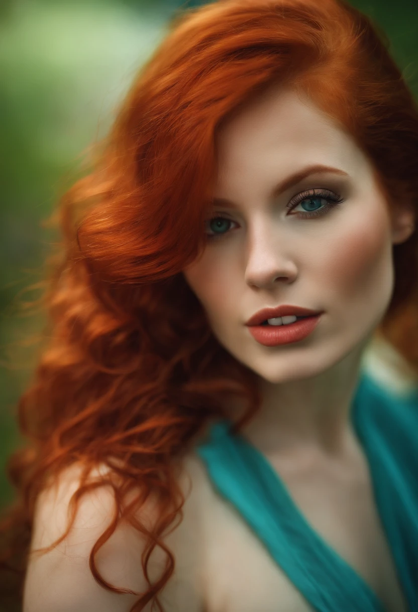 A close up of a woman with red hair and a blue dress - SeaArt AI