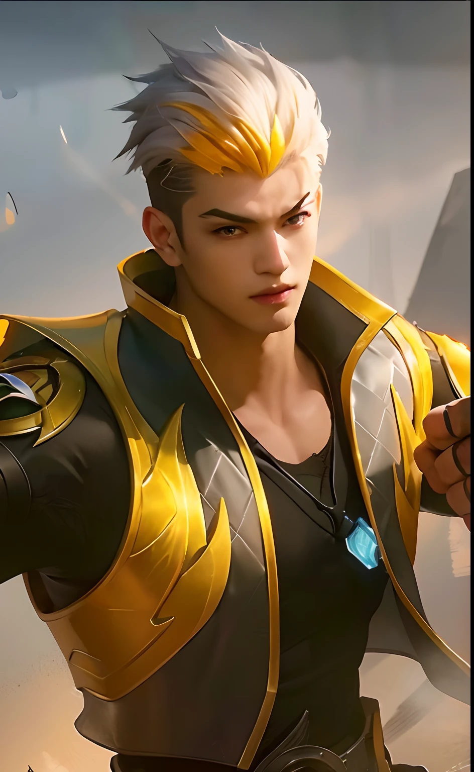 (absurdres, highres, ultra detailed, HDR), masterpiece, best quality, Android Game Character , short hair, handsome boy, anime eyes, Mobile Legends Hero, detailed scebe, detailed character