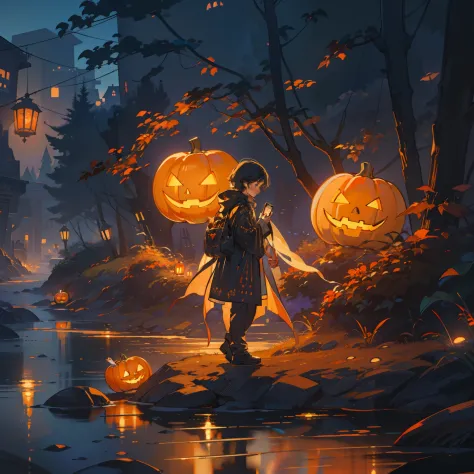 a young boy dressed in a ghost costume holding a cell phone with his left hand and a lighted carved pumpkin with his right, ghos...