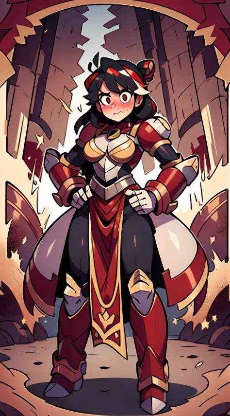 (best quality, masterpiece:1.2), Ryuko Matoi wearing armor, ultra-detailed, realistic, heavily armored, gauntlets holding skirt, encased in knight armor, small-chestplate, red gauntlets holding dress, mechsuit hands, steel-grey plating, intricate armor det...